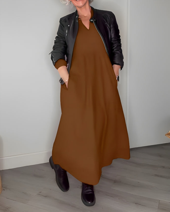 AMANDA – ROCHIE MAXI ELEGANTĂ CU MÂNECI LUNGI ȘI DECOLTEU ÎN V