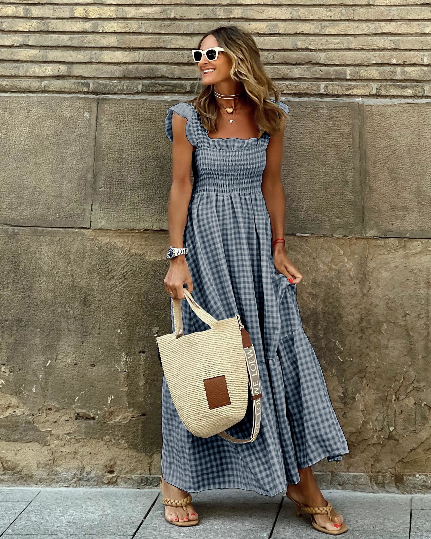 AURORA – ROCHIE MAXI CU MANȘETE FRIȚATE ȘI CARO