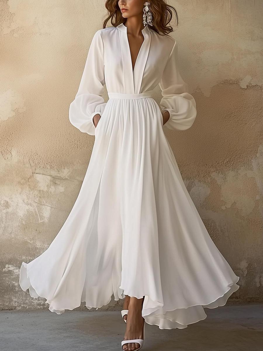 Rochie Maxi Albă V-Neck Vintage