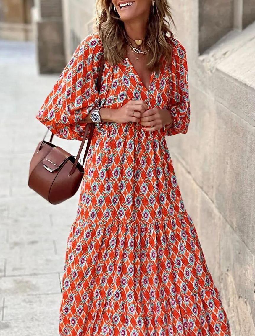 WINONA – ROCHIE MAXI GEOMETRICĂ BOHO CU MÂNECI PUFOS