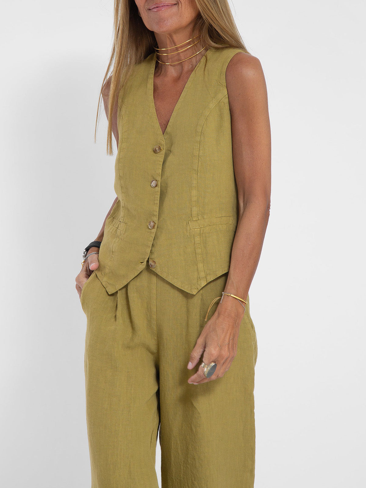 Jessica - Set Vestă cu Nasturi și Pantaloni Largi