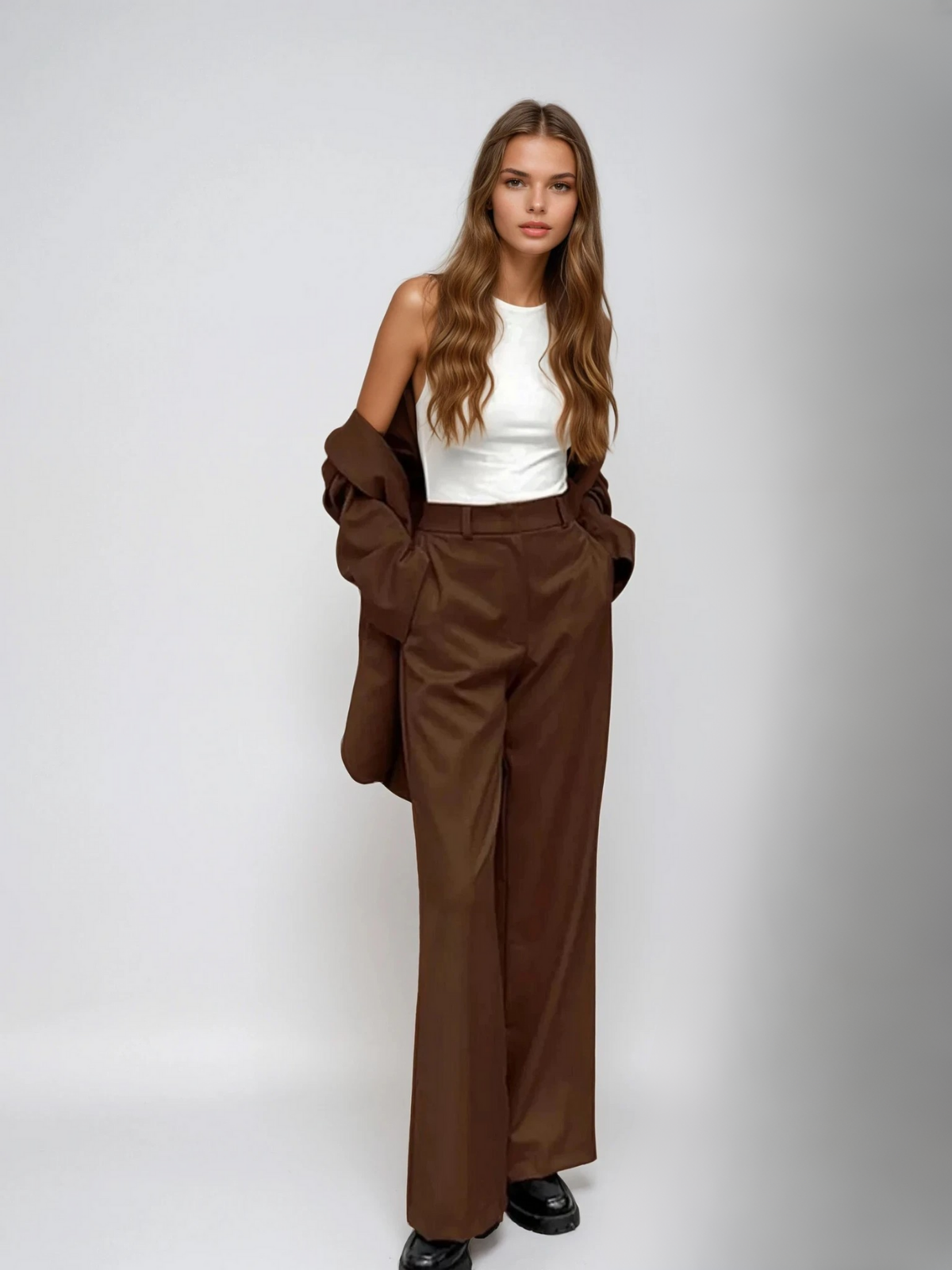 Sacou vintage coordonat mocha și pantaloni cu picioare largi
