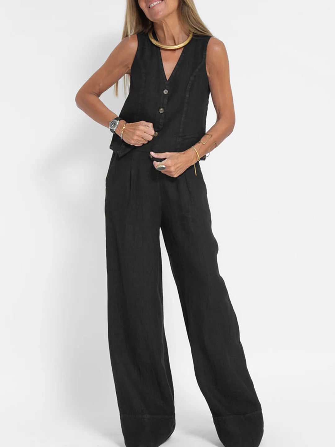 Jessica - Set Vestă cu Nasturi și Pantaloni Largi