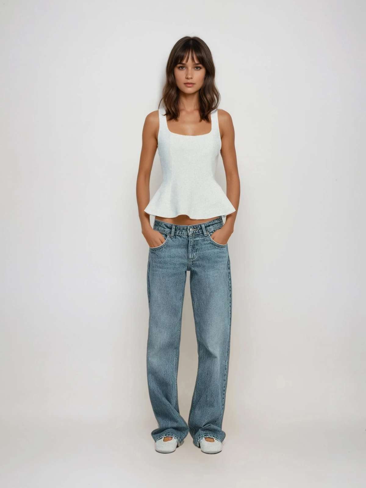 Top fără mâneci peplum cu guler pătrat, ajustat