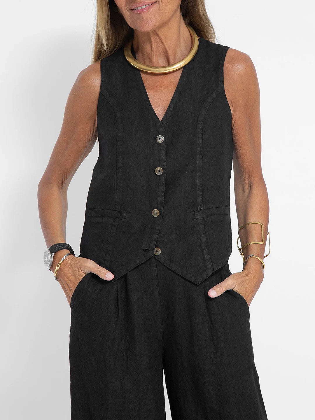 Jessica - Set Vestă cu Nasturi și Pantaloni Largi