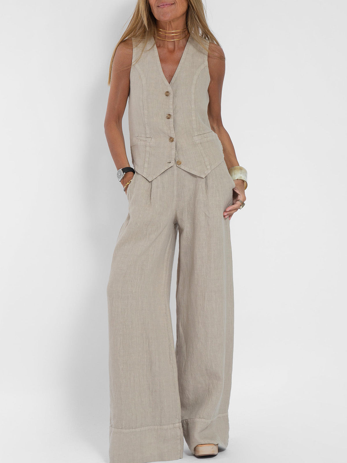 Jessica - Set Vestă cu Nasturi și Pantaloni Largi