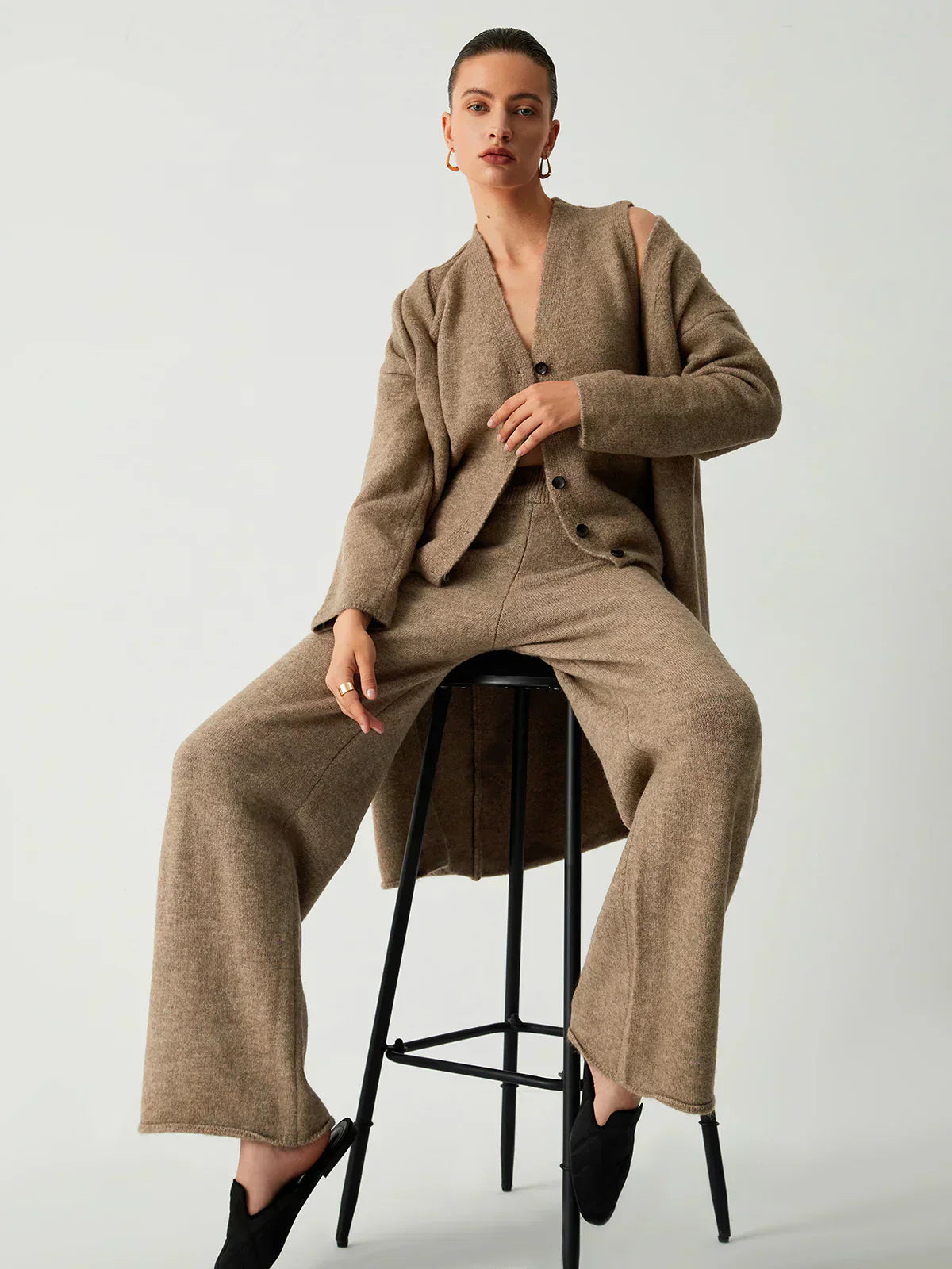 Set de trei piese cu cardigan lung și pantaloni casual
