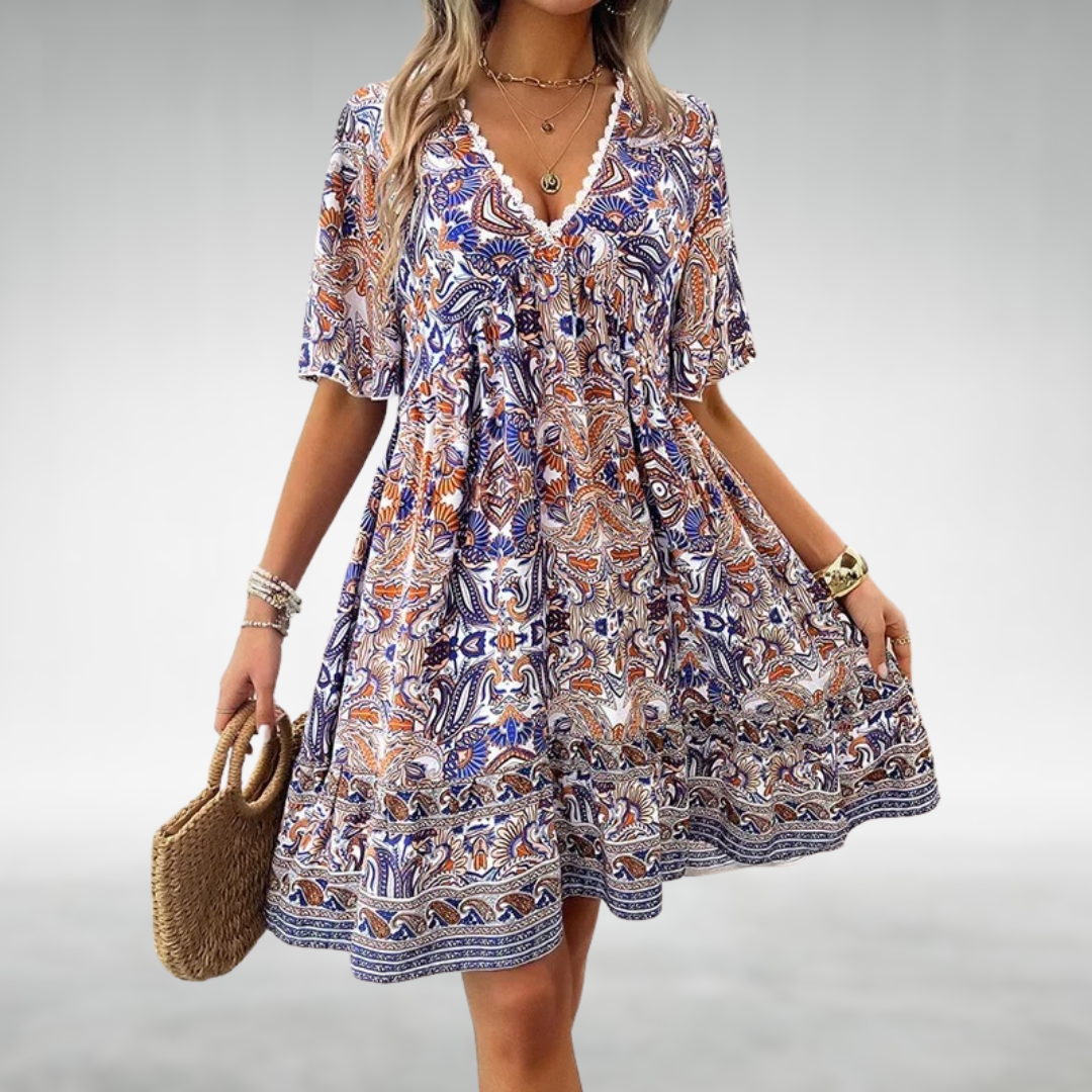 Saylor - Rochie de Vară cu Imprimare Paisley Boho și Decupaj în V