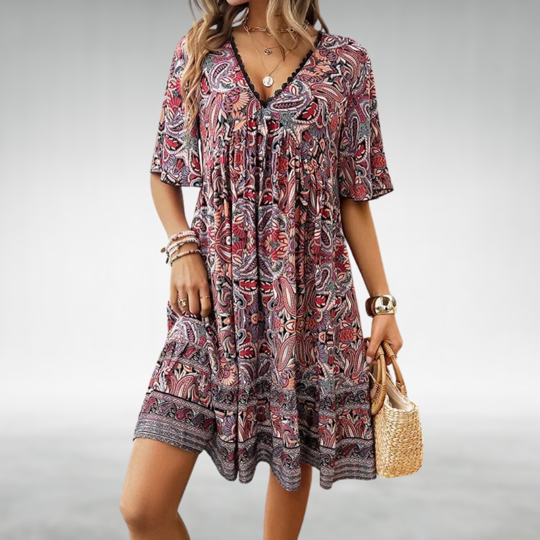 Saylor - Rochie de Vară cu Imprimare Paisley Boho și Decupaj în V