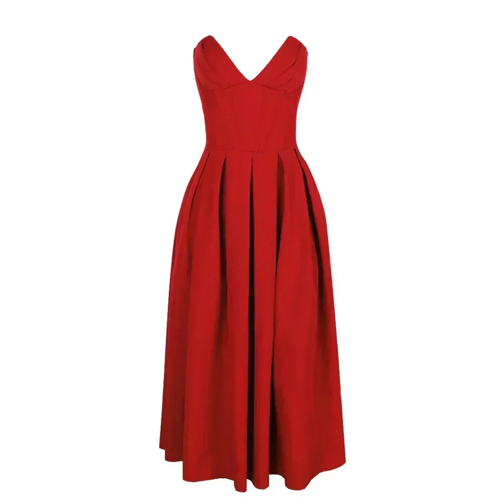 Aria – Rochie Midi Plisată Fără Bretele