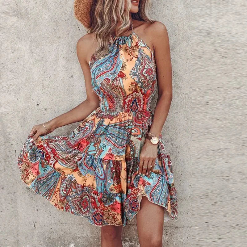 KORA – ROCHIE MIDI BOHEMIANĂ COLORATĂ CU DECOLTEU ÎN V