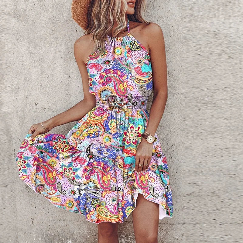 KORA – ROCHIE MIDI BOHEMIANĂ COLORATĂ CU DECOLTEU ÎN V