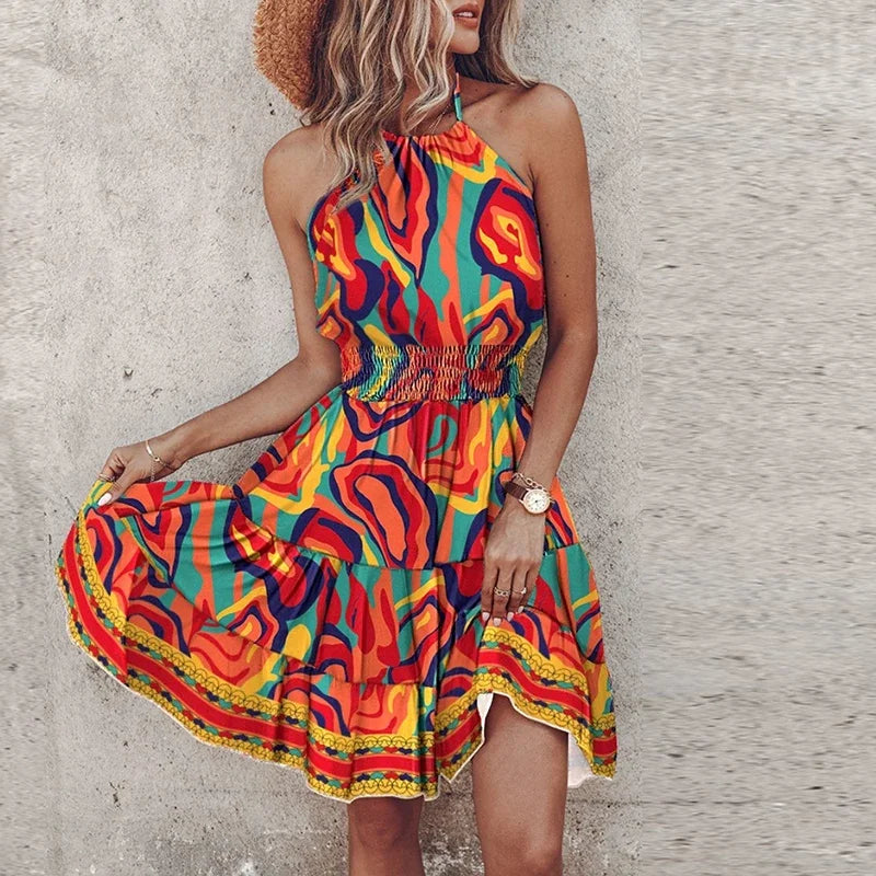 KORA – ROCHIE MIDI BOHEMIANĂ COLORATĂ CU DECOLTEU ÎN V