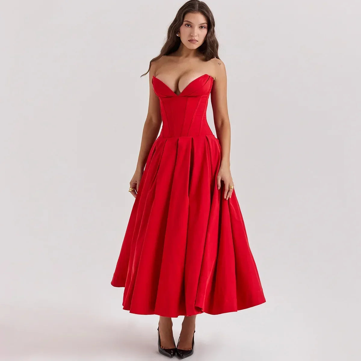 Aria – Rochie Midi Plisată Fără Bretele