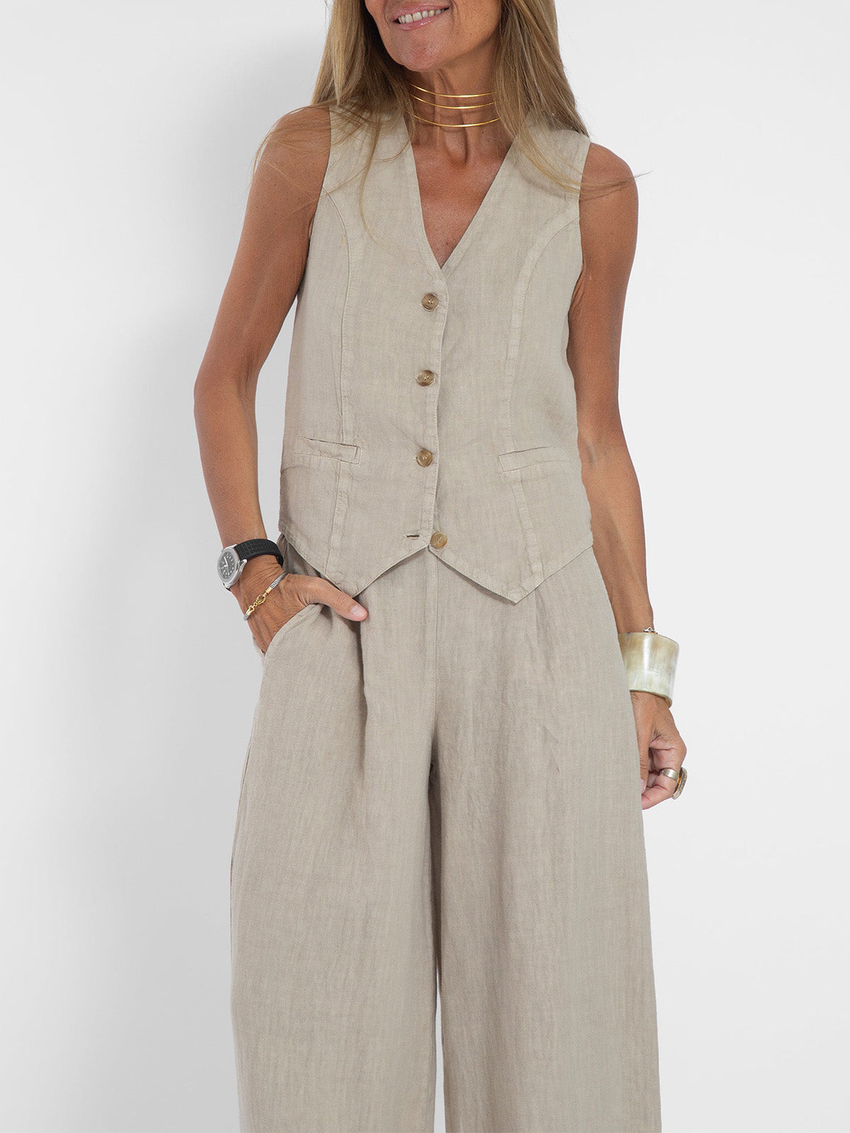 Jessica - Set Vestă cu Nasturi și Pantaloni Largi