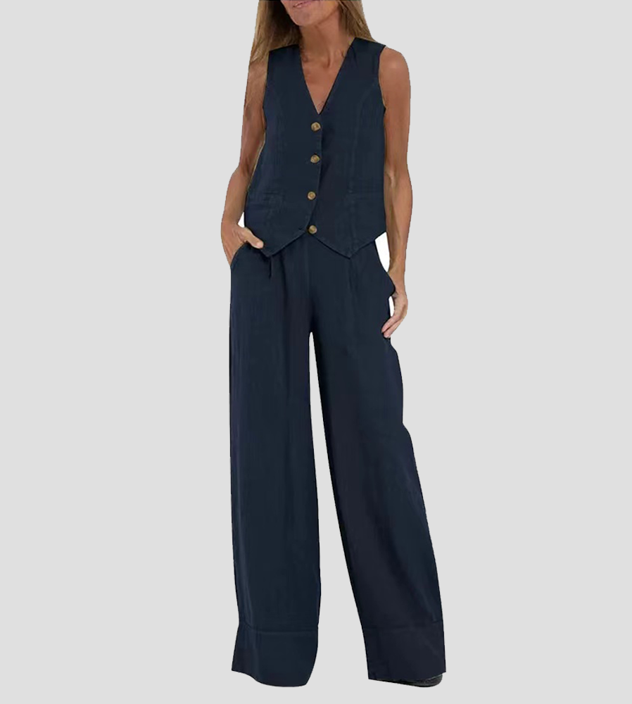 Jessica - Set Vestă cu Nasturi și Pantaloni Largi