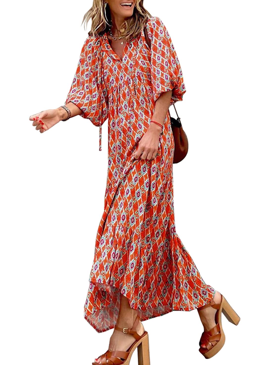 WINONA – ROCHIE MAXI GEOMETRICĂ BOHO CU MÂNECI PUFOS