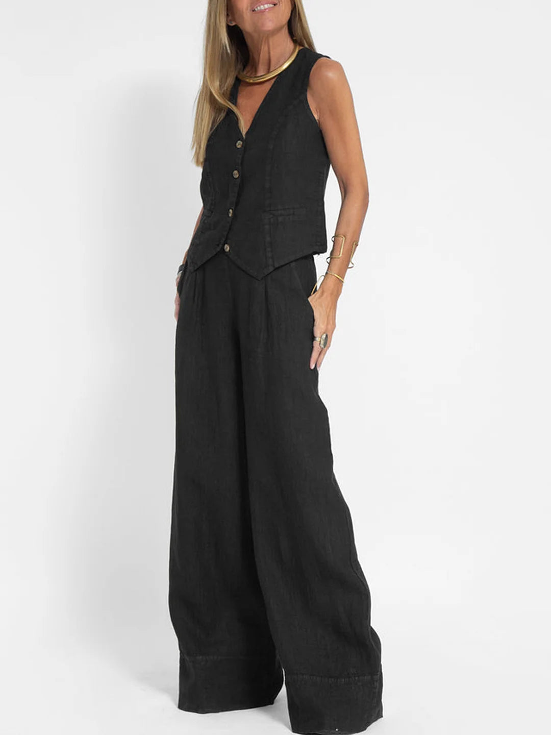 Jessica - Set Vestă cu Nasturi și Pantaloni Largi