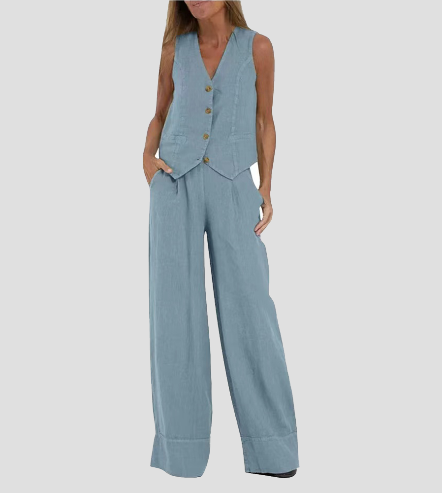Jessica - Set Vestă cu Nasturi și Pantaloni Largi