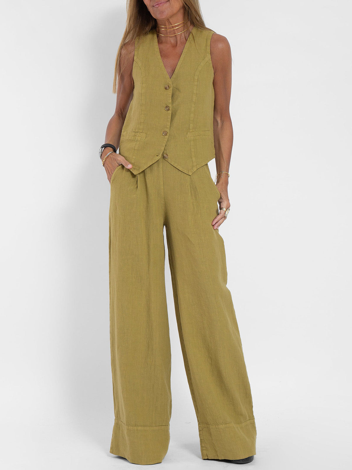 Jessica - Set Vestă cu Nasturi și Pantaloni Largi