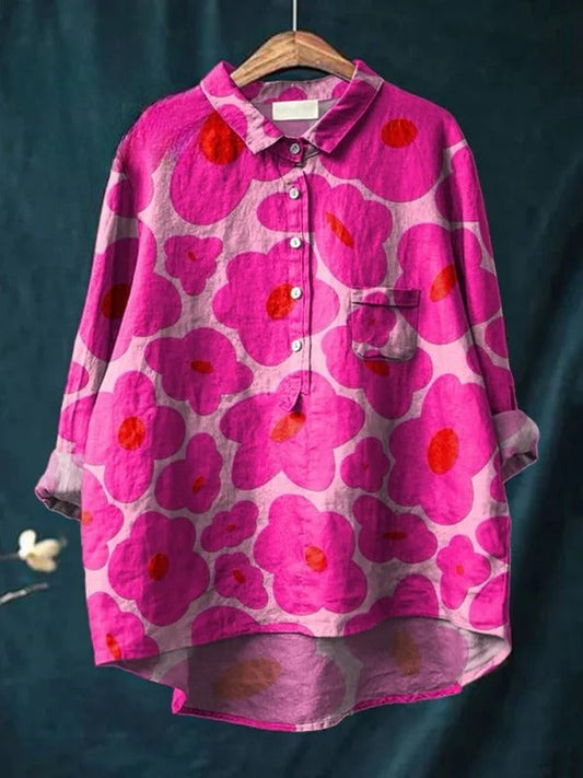 Odessa | Cămașă casual din bumbac pentru femei cu model floral roz vibrant