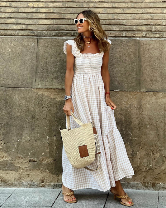 AURORA – ROCHIE MAXI CU MANȘETE FRIȚATE ȘI CARO