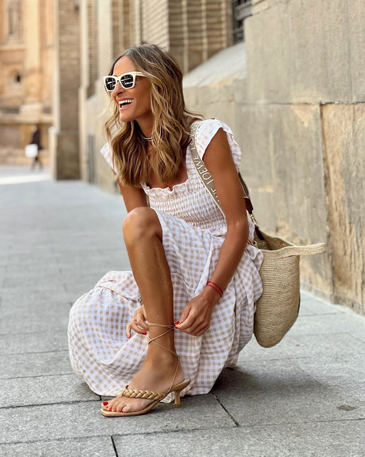 AURORA – ROCHIE MAXI CU MANȘETE FRIȚATE ȘI CARO