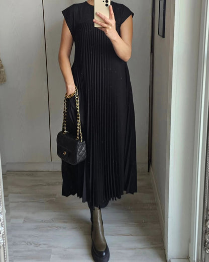 Rochie maxi plisată cu mânecă scurtă pentru femei