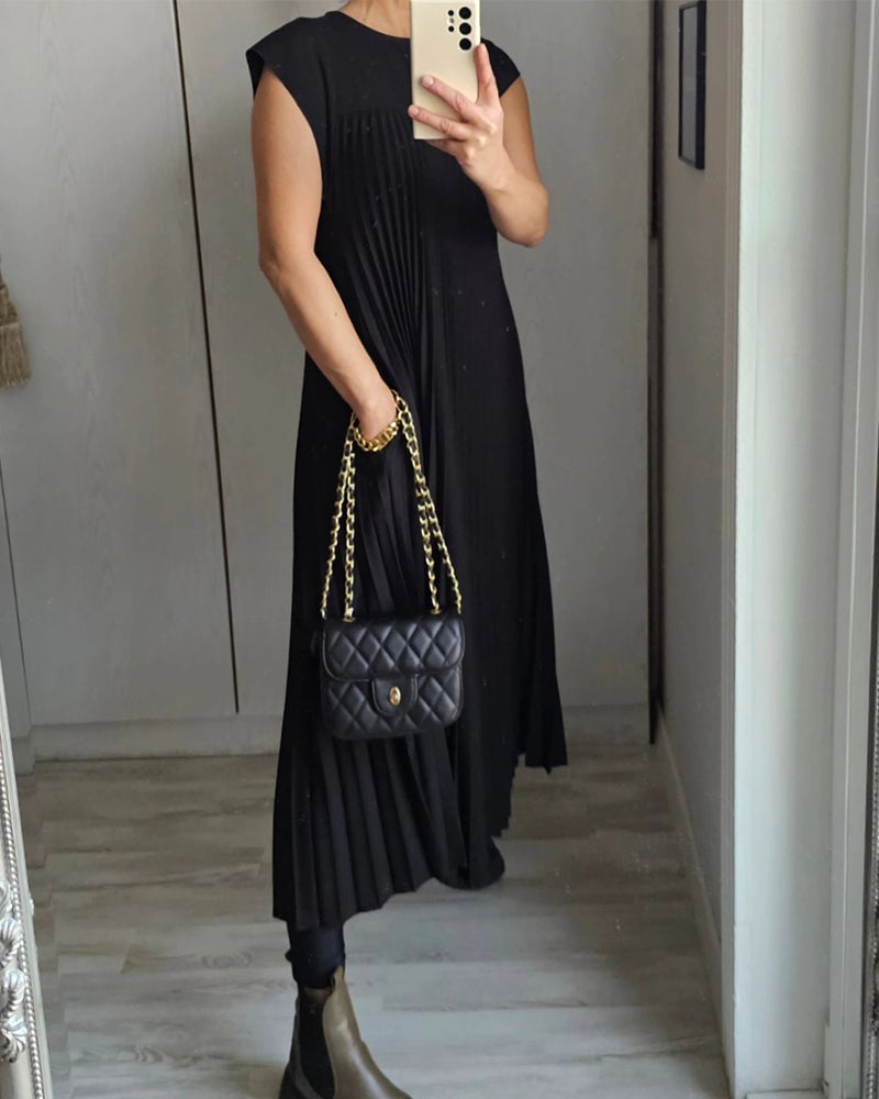 Rochie maxi plisată cu mânecă scurtă pentru femei