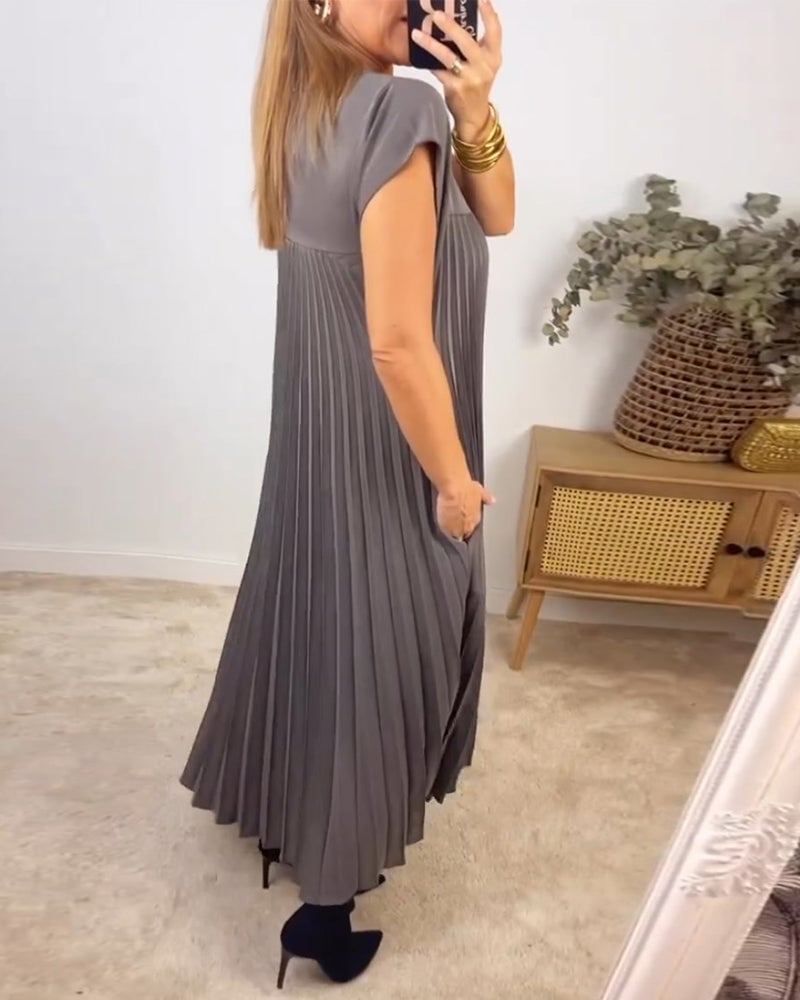 Rochie maxi plisată cu mânecă scurtă pentru femei