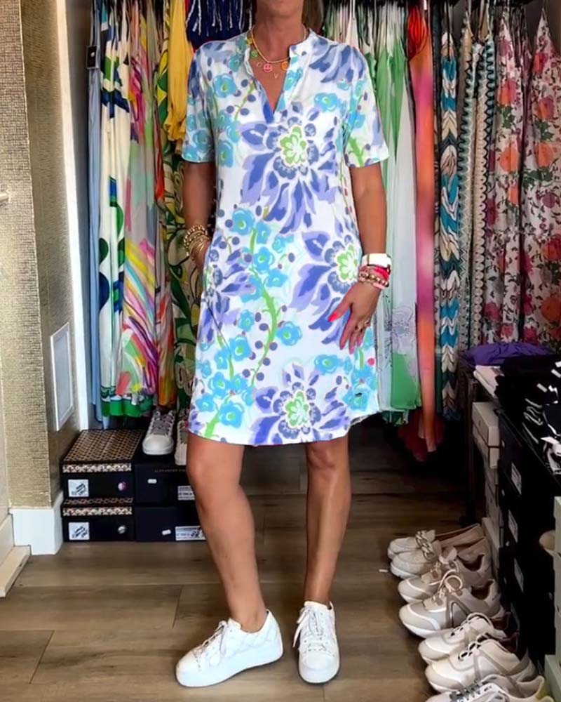Ivendra | Rochie Midi cu Mâneci Scurte și Imprimare Florală