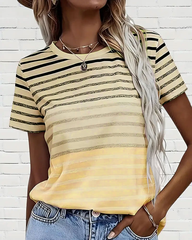 Evelyn – Tricou cu Guler Rotund și Mâneci Scurte, Dungi