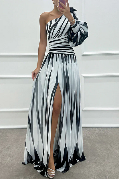 Stella | Rochie Maxi Elegantă cu Dungi, cu Un Umăr