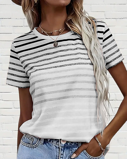 Evelyn – Tricou cu Guler Rotund și Mâneci Scurte, Dungi