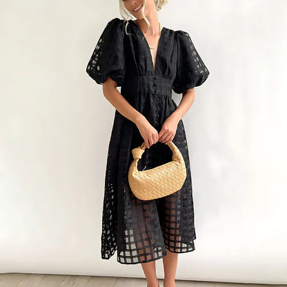 Caelis | Rochie Midi cu Mâneci Puff și Model Clasic