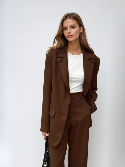 Sacou vintage coordonat mocha și pantaloni cu picioare largi