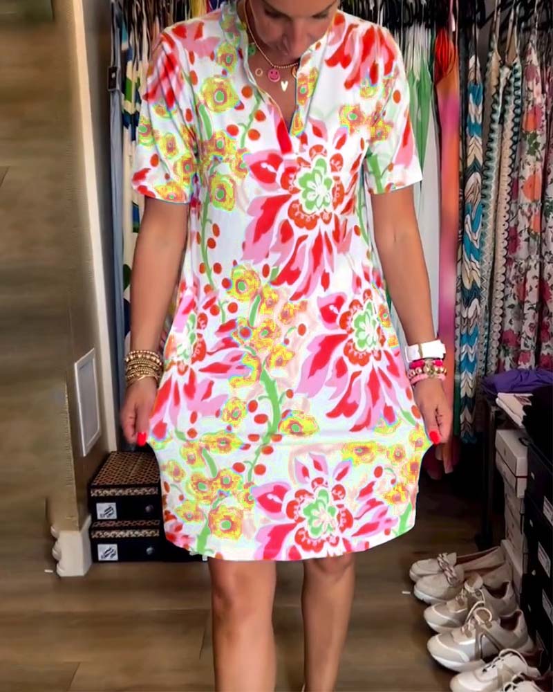 Ivendra | Rochie Midi cu Mâneci Scurte și Imprimare Florală