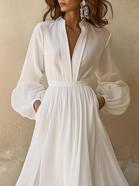 Rochie Maxi Albă V-Neck Vintage