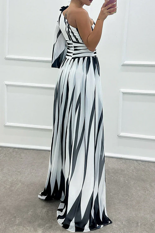 Stella | Rochie Maxi Elegantă cu Dungi, cu Un Umăr