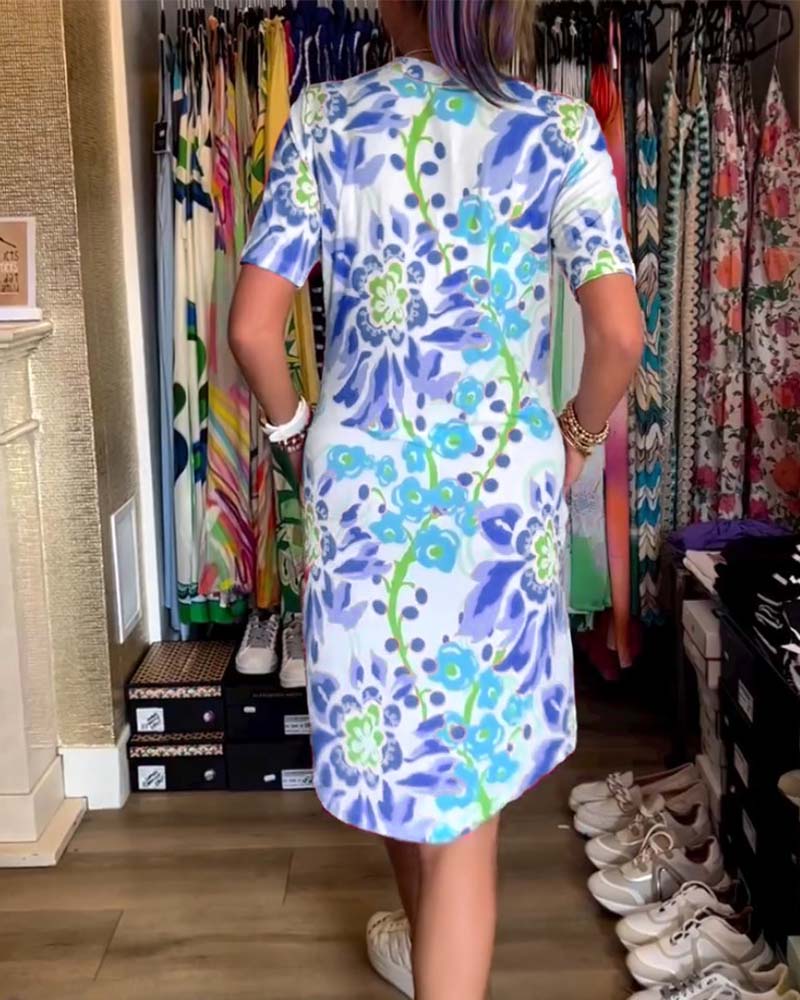 Ivendra | Rochie Midi cu Mâneci Scurte și Imprimare Florală