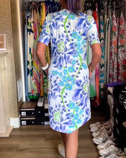 Ivendra | Rochie Midi cu Mâneci Scurte și Imprimare Florală