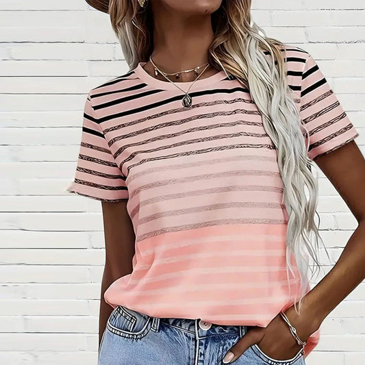 Evelyn – Tricou cu Guler Rotund și Mâneci Scurte, Dungi