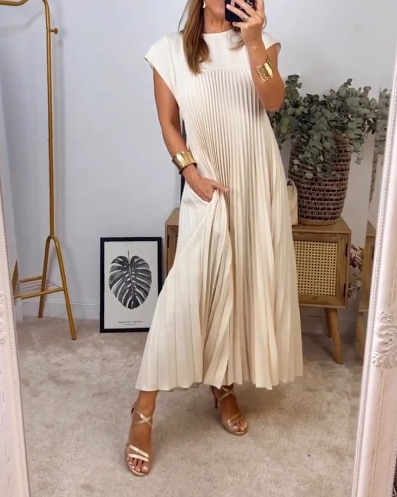 Rochie maxi plisată cu mânecă scurtă pentru femei