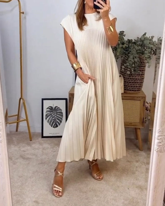 Rochie maxi plisată cu mânecă scurtă pentru femei