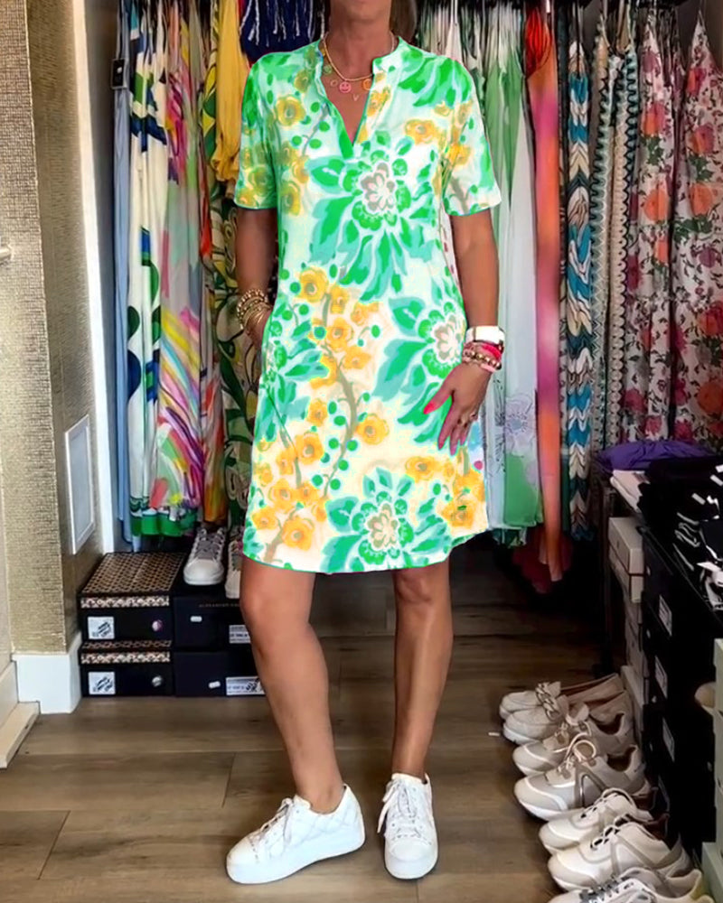 Ivendra | Rochie Midi cu Mâneci Scurte și Imprimare Florală
