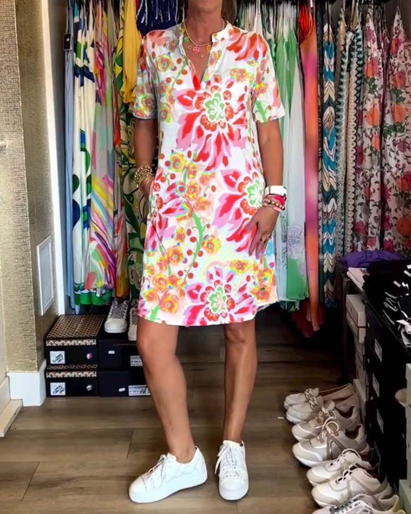 Ivendra | Rochie Midi cu Mâneci Scurte și Imprimare Florală