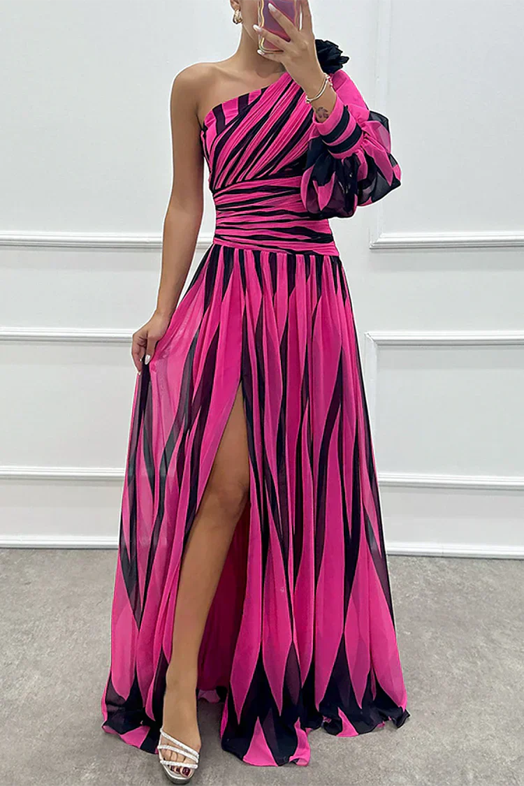 Stella | Rochie Maxi Elegantă cu Dungi, cu Un Umăr