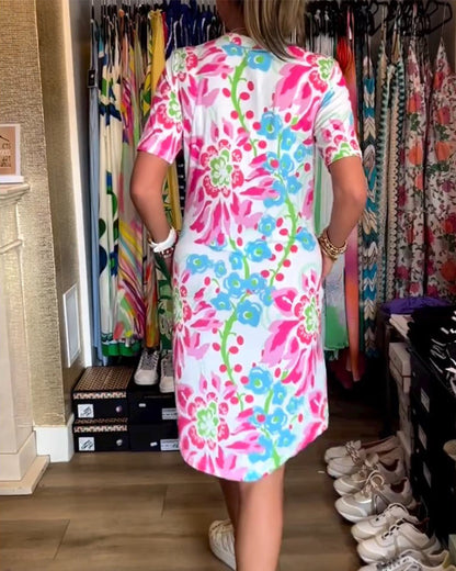 Ivendra | Rochie Midi cu Mâneci Scurte și Imprimare Florală