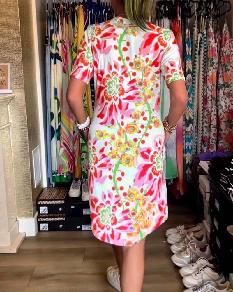 Ivendra | Rochie Midi cu Mâneci Scurte și Imprimare Florală