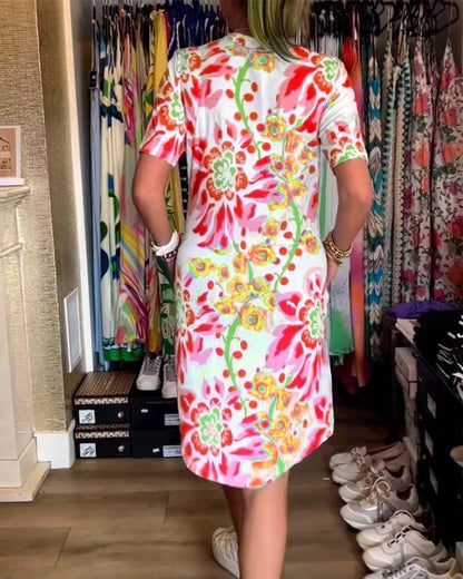 Ivendra | Rochie Midi cu Mâneci Scurte și Imprimare Florală
